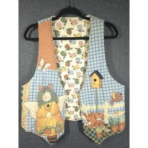VTG 90s Quilted Reversible Vest Gardening Angel Cat Herb Garden‎ Folk Art L